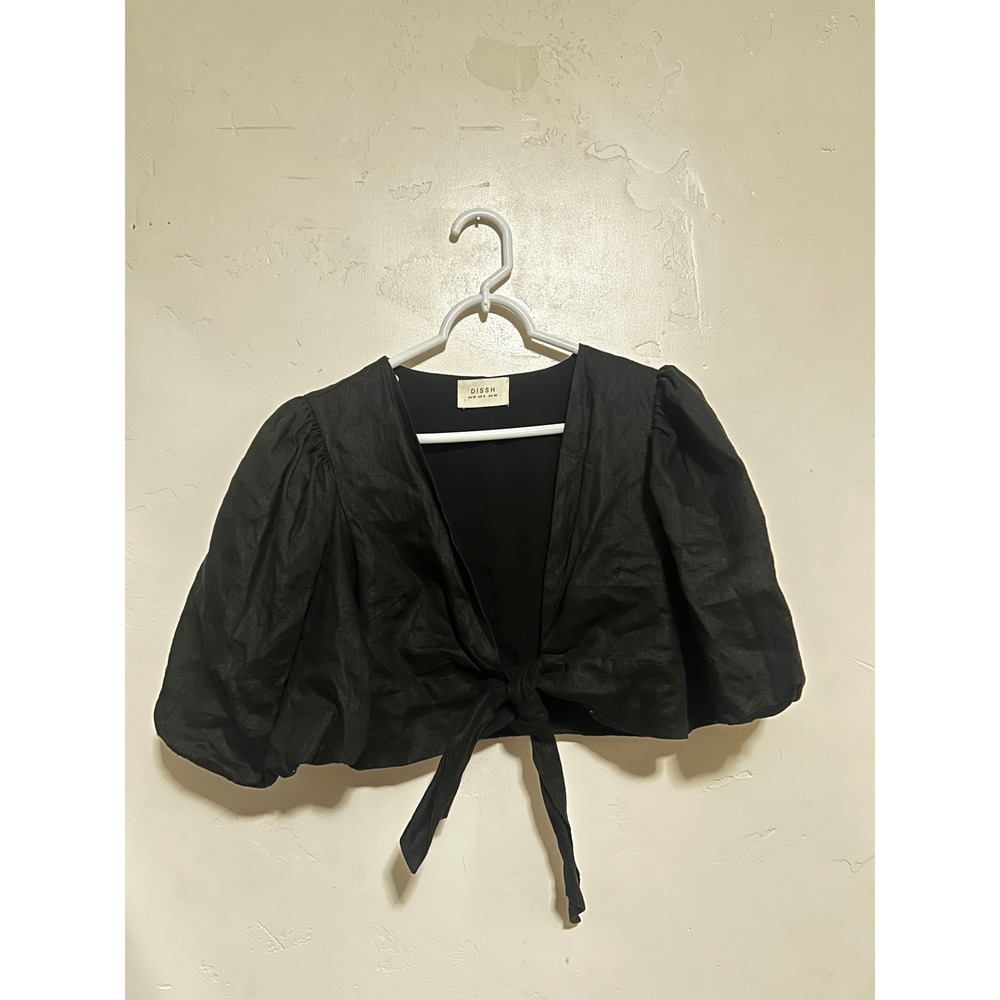 DISSH Black 100% Linen Puff Sleeve Front Tie Crop Top Sz US 6 AU 10 EU 38